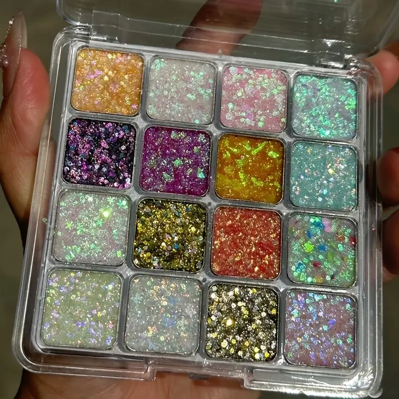 16 Color Shimmer Glitter Palette, Rainbow Sparkle Eye Makeup, Long-Lasting Waterproof, Quick-Dry Self-Stick Neon Glitter, Glam Pack Glitter, Party Decorations