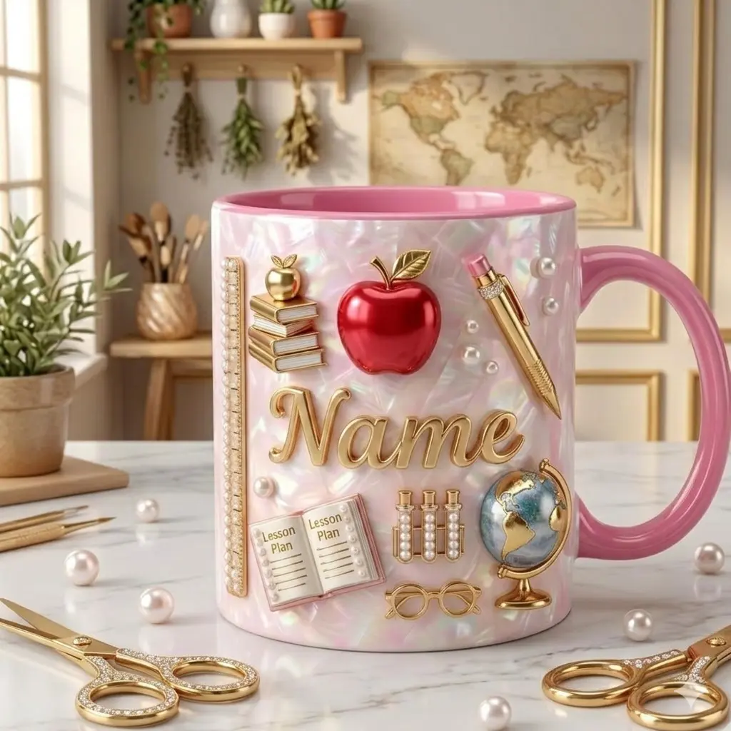 Personalized Teacher Coffee Mug Pink Apple Design, Custom Name Print Accent Mug for Educator, Best Teacher Appreciation Graduation Gift, Durable Ceramic Tea Cup for School Office Classroom Decor 11oz 15oz