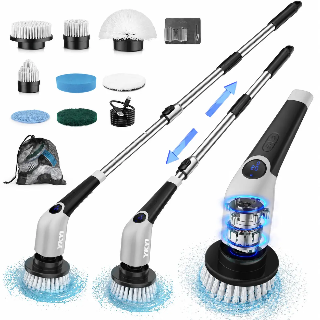 YKYI Cordless Electric Spin Scrubber - Cordless Tub Scrubber with Scrubbing Spin Brush, 3 Speed Modes, 4 Replaceable Brushes, Adjustable Extension Handle, USB Rechargeable, Up to 90min Run, Handles Grout, Walls, Grills for Bathroom, Kitchen
