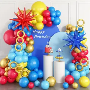 Balloon arch kit, red blue yellow balloons garland kit with explosion star foil balloons for cartoon hedgehog carnival circus theme birthday party baby shower decorations