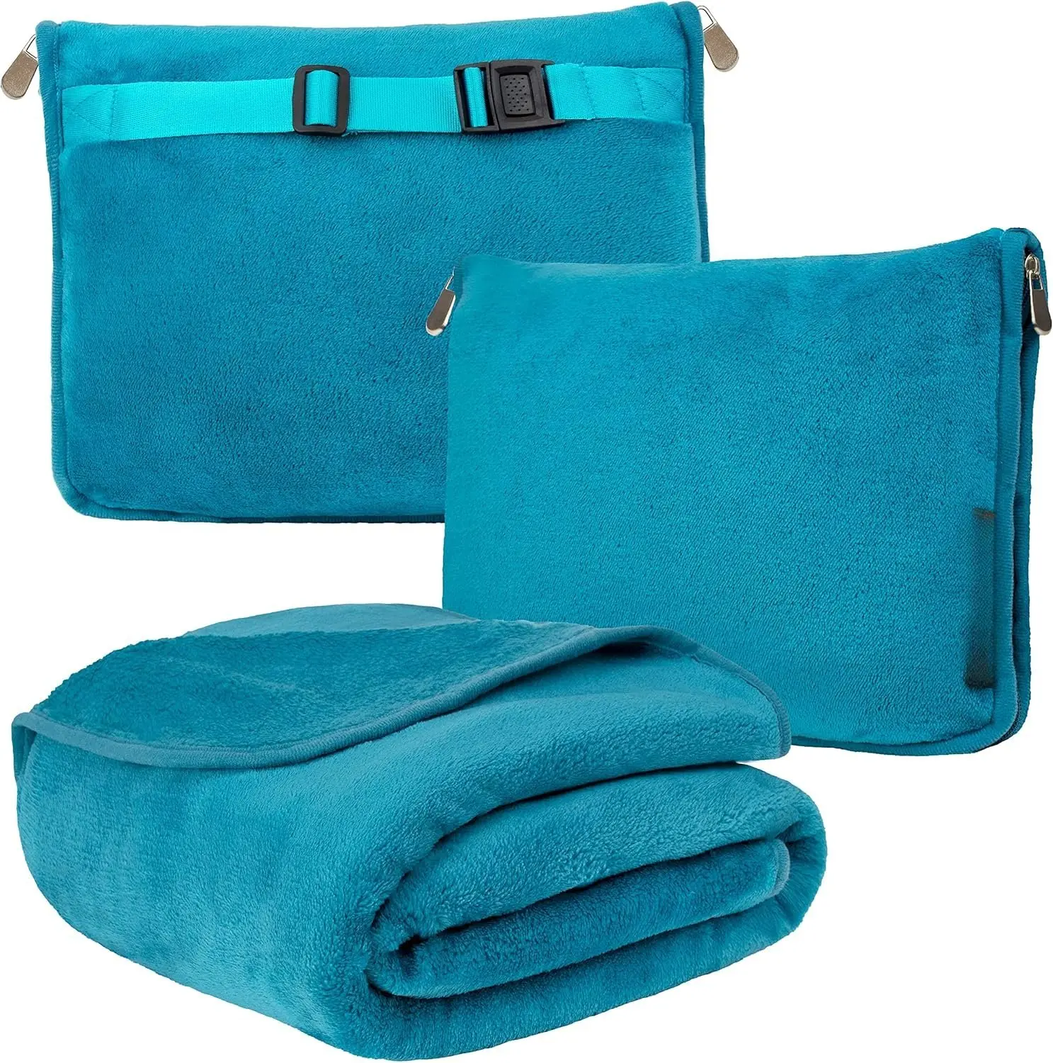 Travel Blanket Pillow, Soft Airplane Blanket 2-IN-1 Combo Set, Plane Blanket Compact Packable, Flight Essentials  Pillow, Travelers Gifts Accessories Luggage Backpack Strap, 60x43 Teal Blue