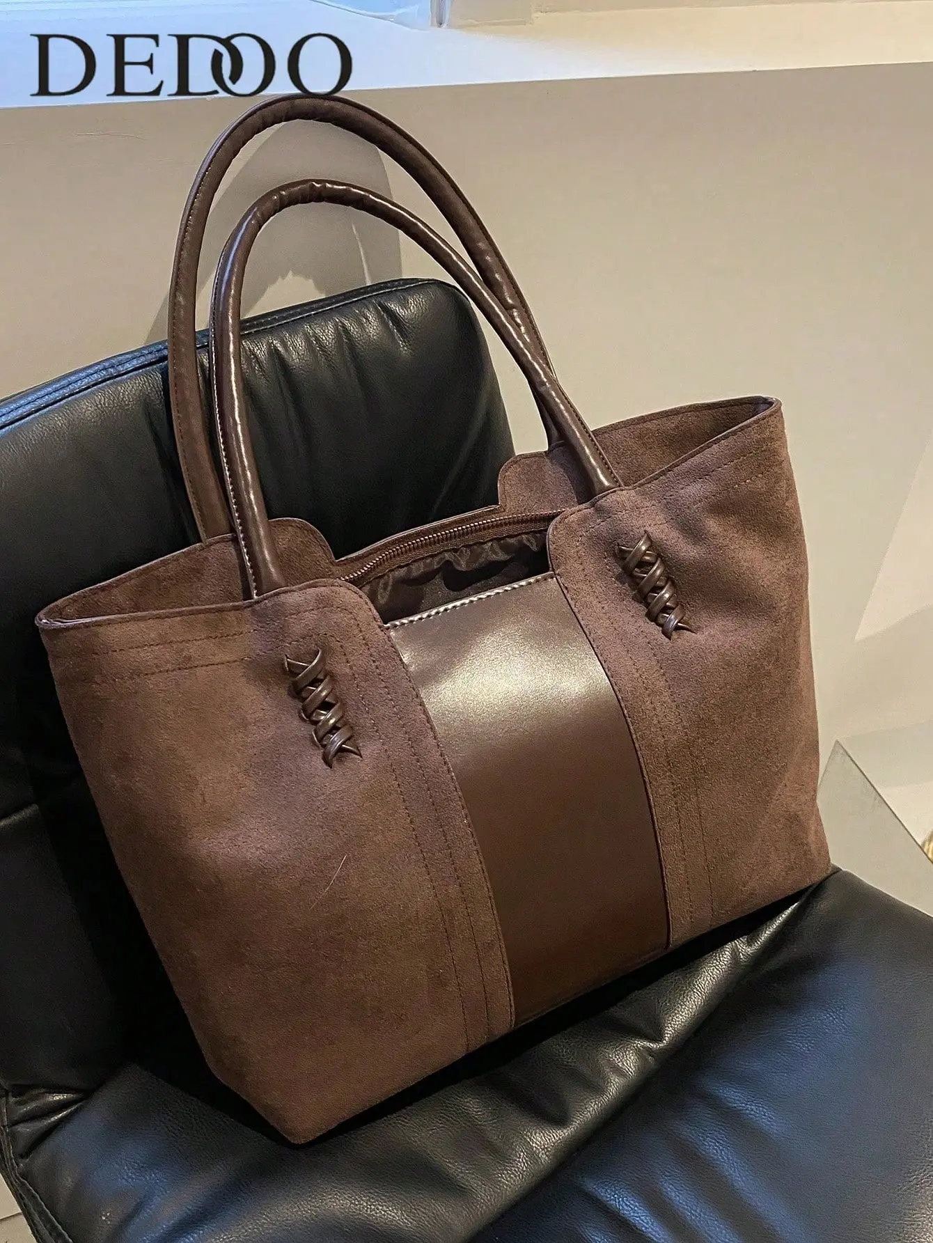 Women's Large Brown Faux Suede Patchwork Leopard Print Tote Handbag - Commuter Style, Retro Faux Leather Spliced Shoulder Bag with Lace-Up Decor, Magnetic & Zipper Closure, Big Capacity Everyday Casual Purse for Work, Travel