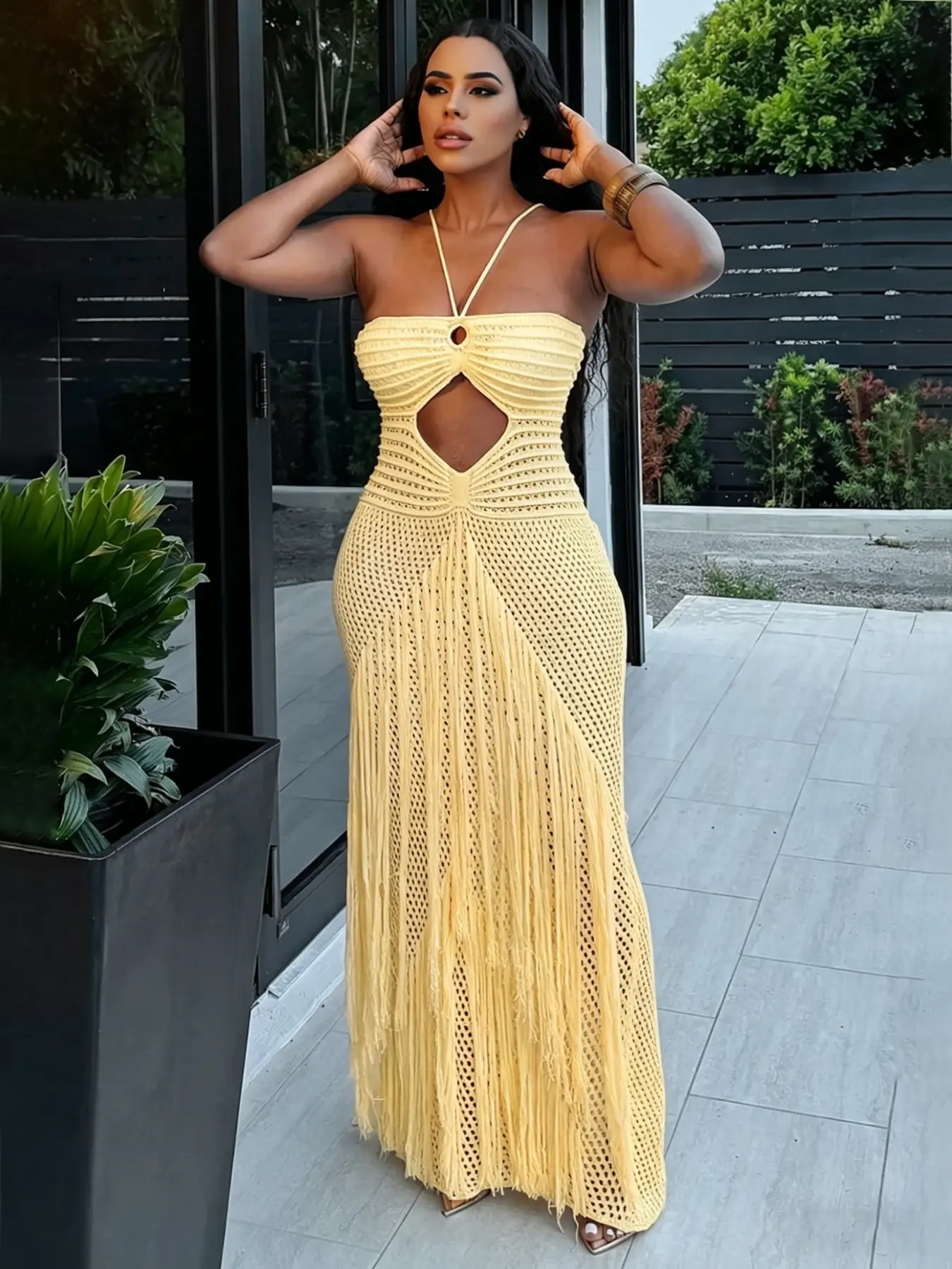 Women's Crochet Knit Maxi Dress with Fringe Sexy see through Halter  Backless Boho Style Beach Party Vacation Summer Outfit Resort Wear - TikTok  Shop