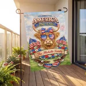Custom Name America 250th Anniversary Garden Flag, Personalized Highland Cow Patriotic Yard Flag, 1776-2026 USA Birthday Decor