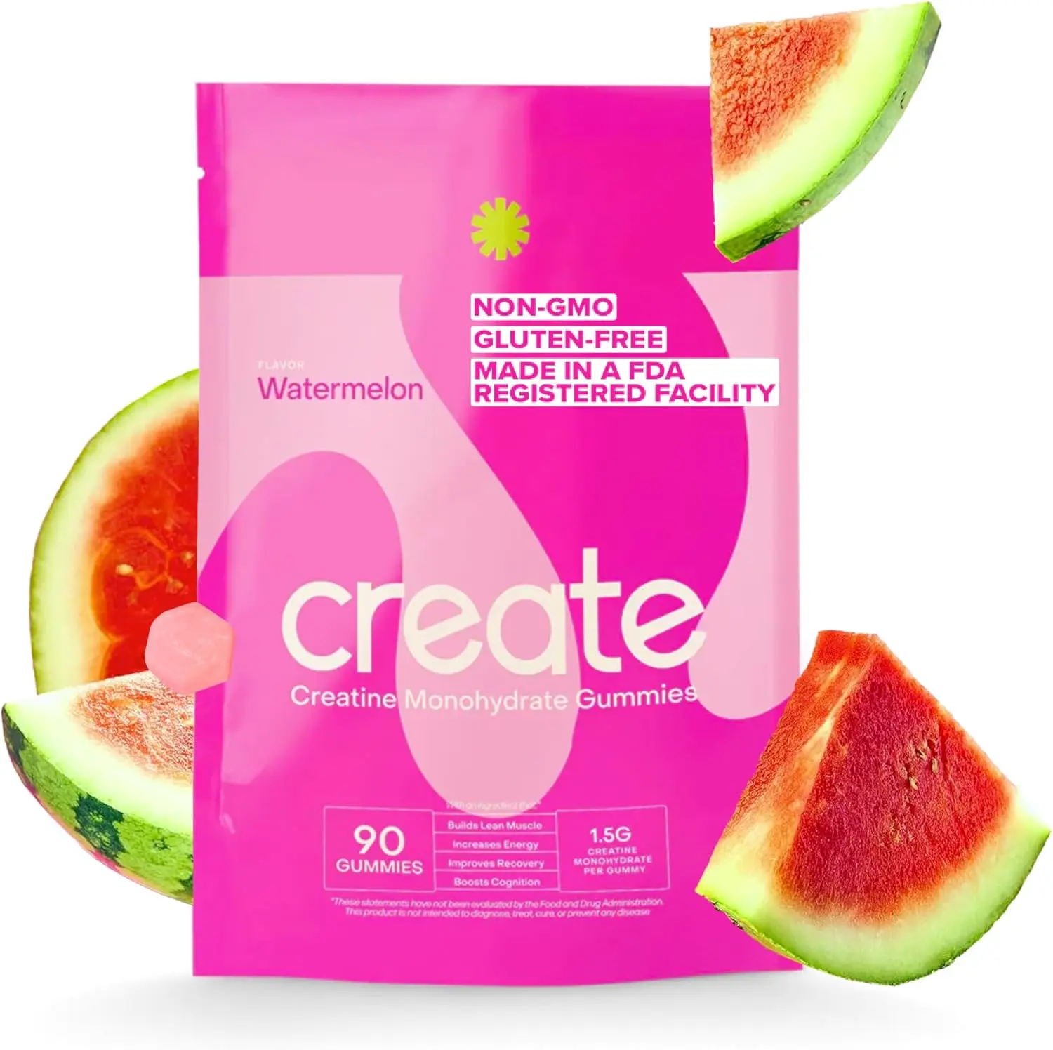 Chewable Creatine Monohydrate Dietary Gummy Supplements - 1.5g Watermelon Flavor, 90-Count, High-Potency Muscle Boost & Recovery Support for Adults