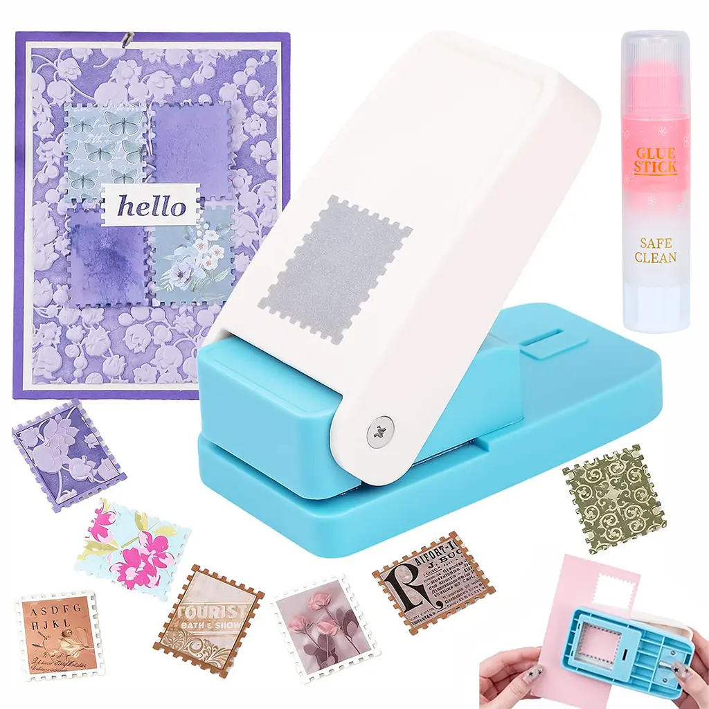 Stamp Puncher-Comes with a free glue stick, Paper Punch and Embossing Tool, Lever-type structure for effortless and durable operation for Hand Books, Photo Albums, Greeting Card Making, Office Supplies and Gifts