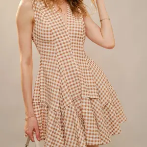 Autumn Gingham Mini Dress - Brown and White Plaid, Sleeveless, Ruffle Hem, Casual Style, Summer Wear, Stylish Gingham Pattern, Mini Length, Versatile for Various Occasions