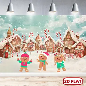 1pc Polyester Print 2D Flat Mixed-Color Christmas Gingerbread Village Backdrop, Festive Scene with Gingerbread Men, Holiday Banner for Christmas Eve Photography, Birthday Garden Party Decor