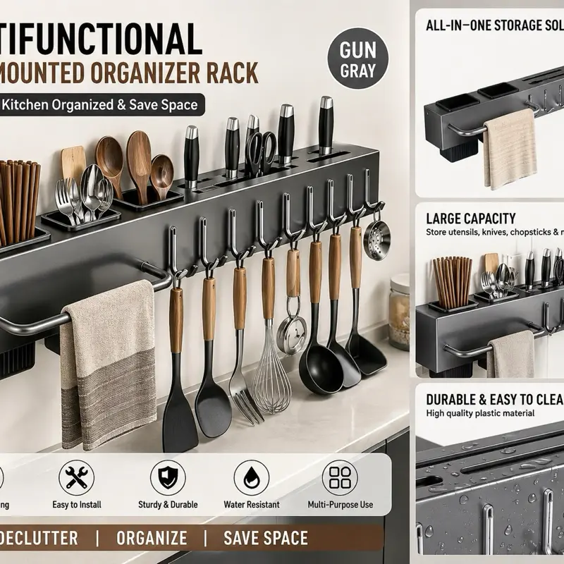 Gun Gray Wall-Mounted Kitchen Utensil Organizer Rack - Multifunction Design with Hooks, Towel Bar, and Storage Compartments