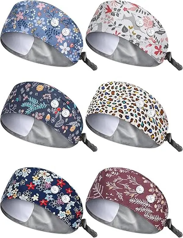 6 Pcs Satin Lined Scrub Caps Women Nurse Surgical Hat with Buttons Ponytail Working Adjustable Shower Caps Tie Back
