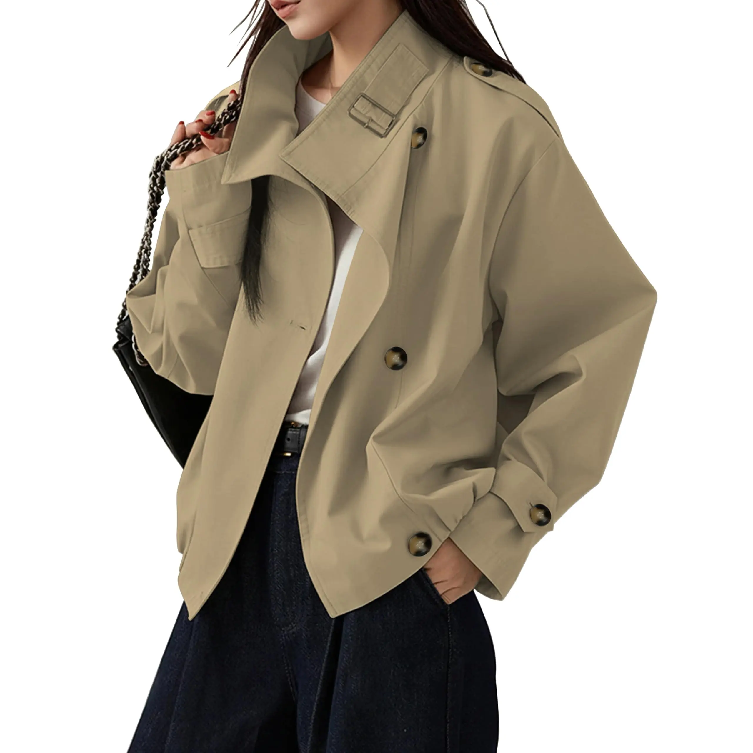 Yimoon Jackets for Women Trendy Vintage Trench Coat Turtleneck Crop Jackets with Pockets