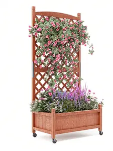29.5"X26"X61.5" Wooden Planter Box With Trellis & Locking Wheels - Elevated Garden Bed With Drainage For Plants/Flowers - Easy Assembly For Yard, Balcony Or Indoor Gardening, 1 PC