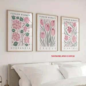 3-Piece Frameless Floral Market Print Set (Dusty Tones) 3 Floral Wall Art Pieces for Living Room and Bedroom Vintage-Style Home Decor, 2D Flat Art Artwork Watercolor Floral Print, Unframed Art Print