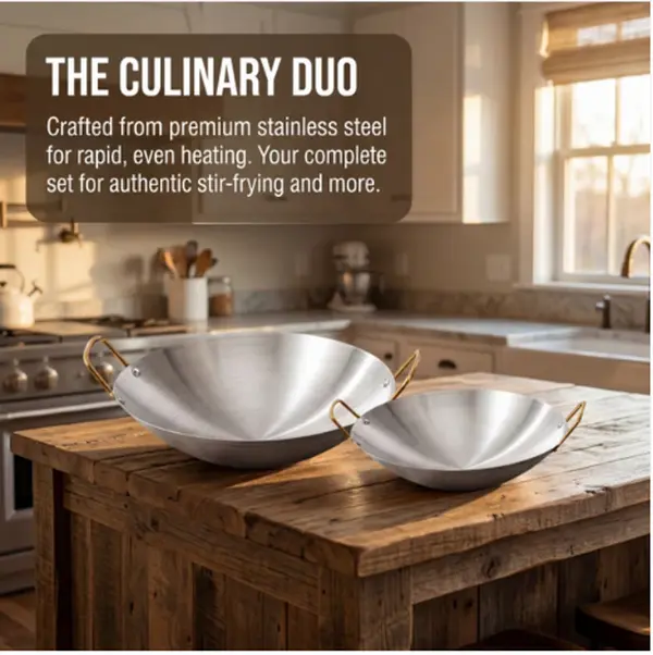 2 PCS Stainless Steel Wok with Dual Handles