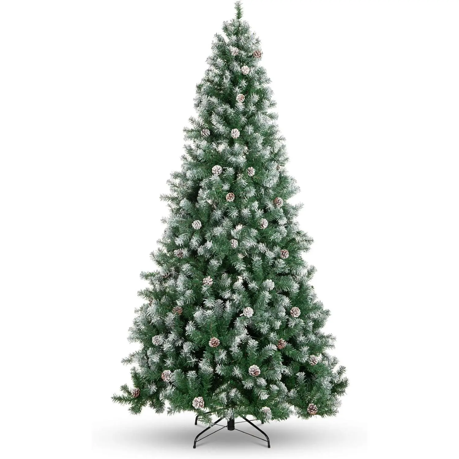 Garvee 9ft Pre-Decorated Holiday Christmas Tree for Home, Office, Party Decoration, Flocked Christmas Tree, PVC Branch Tips, Partially Flocked Design, Pine Cones, Metal Hinges & Base