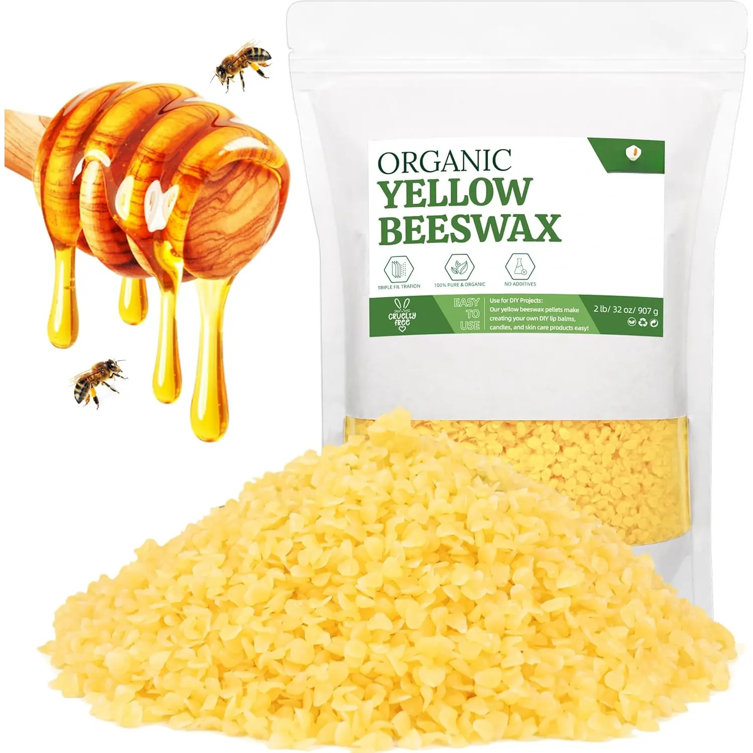 Yellow Beeswax Pellets 2LB,  Beeswax, Beeswax for Candle Making, ,  Care DIY, Lip Balm and Soap Making Supplies