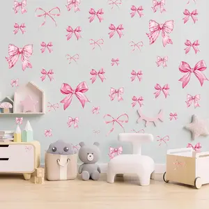 8Sheets 46Pcs Pink Bow Wall Stickers Watercolor Bow Knot Peel and Stick Wall Decals for Nursery Kindergarten Girls Bedroom Coquette Room Décor