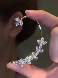 Elegant Rhinestone Flower Leaf Ear Cuff Clip, No Piercing Needed, Sparkling Synthetic Zircon Jewelry for Women, Non Piercing Earrings