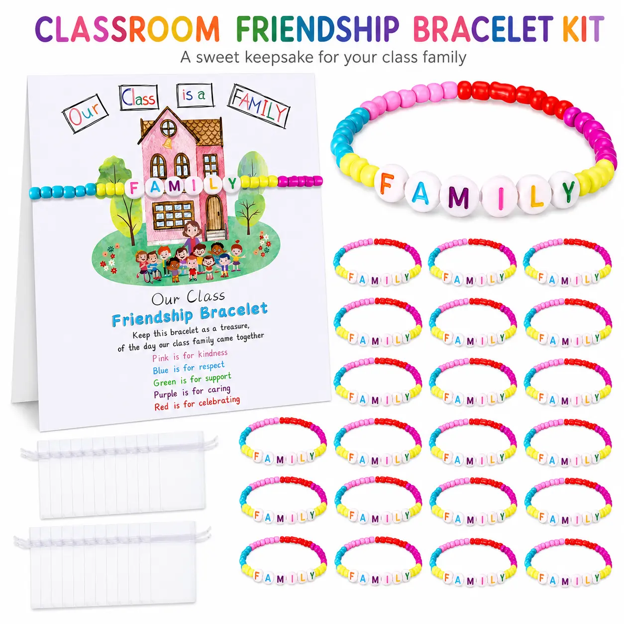 Friendship Theme Unisex Back to School Bracelets Set with Plastic Beads, Includes Card & Bags, Classroom Reward Party Goodie Bag Stuffers for Kindergarten-Elementary Students, Unisex Set