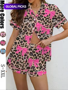 Women's Leopard & Bowknot Cute Pajama Set Pjs, Casual All-Over Print Knitted Shirt & Shorts, Soft Comfortable Elastic Home Wear, Perfect for Holidays & Parties, Loungewear Nightwear, Fit
