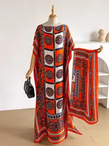Women's Baroque Print Elegant Wrap Dress Set, Long Robe Shawl + Silk Scarf, Beach Sun Protection, All Seasons Fashion