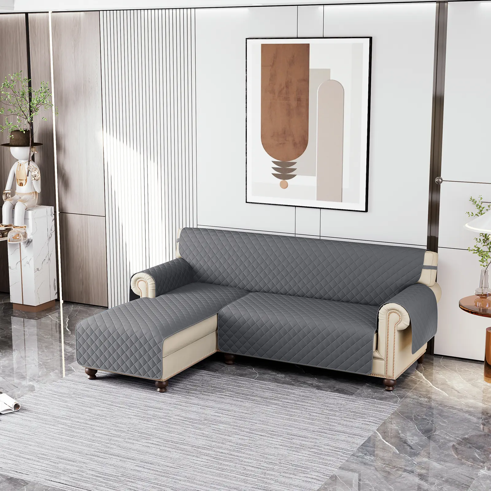 BTTO Modern L-Shape Sectional Sofa Cover, Waterproof Quilted Dustproof Furniture Protector Slipcover, Pet-Friendly Reversible Couch Cover, Dustproof Sofa Cover