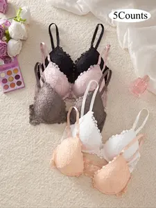 Sexy Front Closure Push Up Bralette Bra Set, Knitted Contrast Lace Design, Enhances Support & Lifts Sagging Breasts, Perfect for Small Bust Women