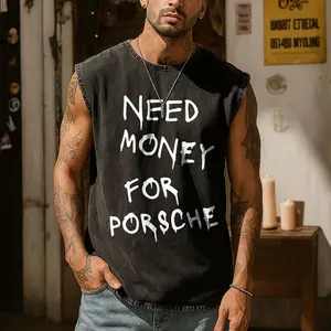 My Slogan——Need Money For Supercar Casual Vintage Washed Vest Tank Top Boyfriend's gift Vintage Car Pattern Cars Lover Street Wear Gym Essential, Vintage Casual Crewneck Short Sleeves Menswear T-shirt Classic Cotton Retro Fade Craft