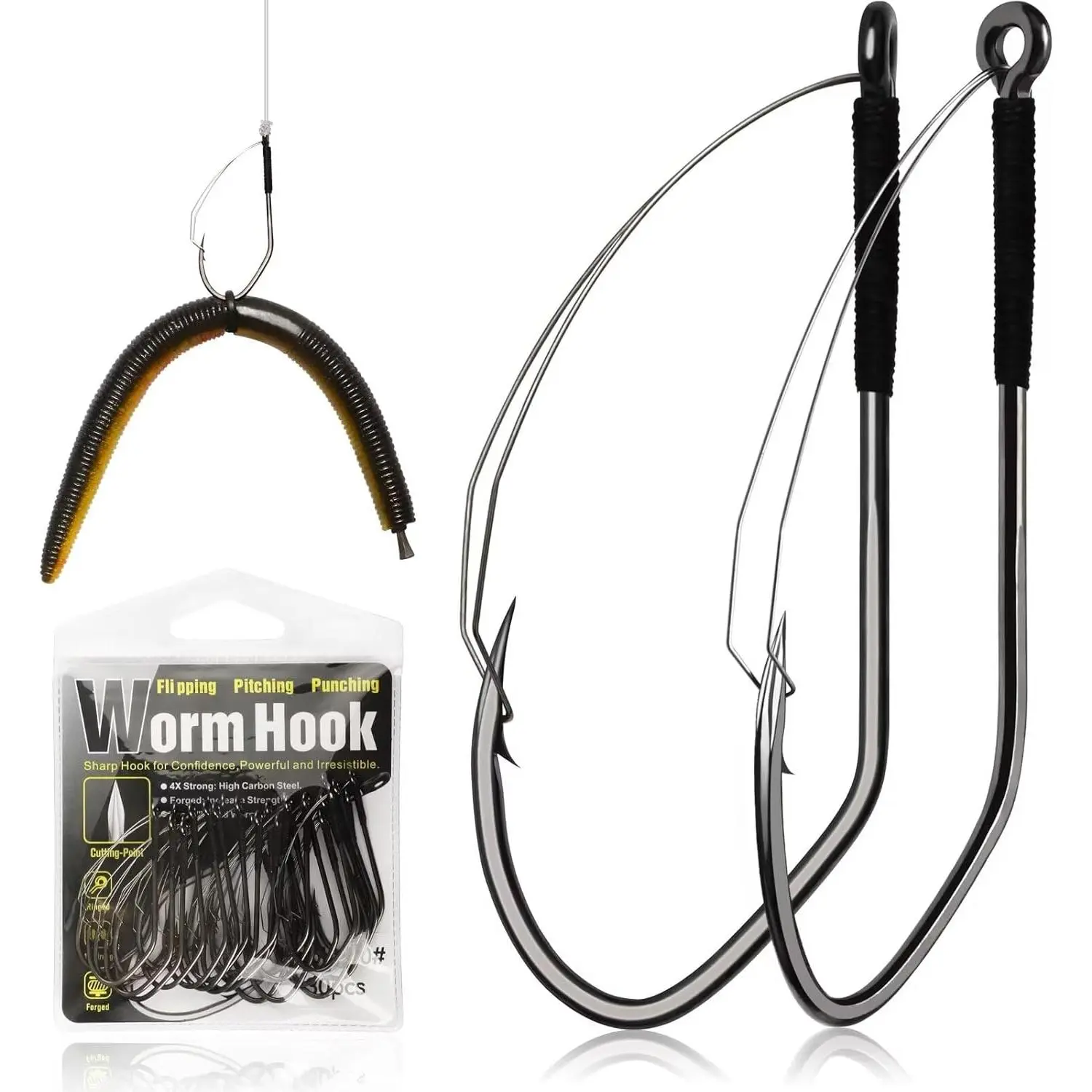 30PCS Weedless V-Bend Fishing Hooks, 4X Strong Worm Hooks for Bass, 1/0 2/0 3/0 Bass Fishing Hooks for Texas & Wacky Rigs