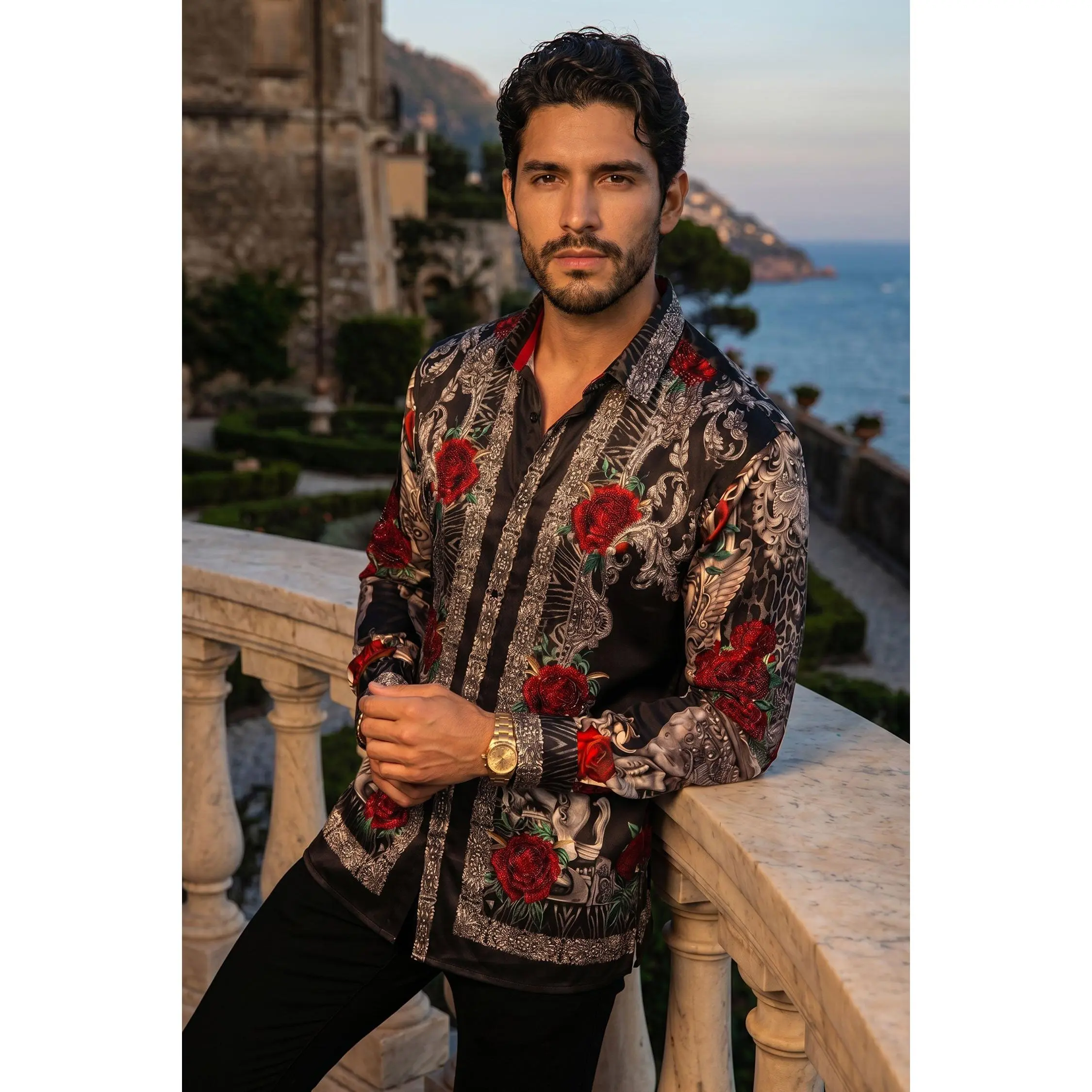 Barabas Radiant Sculpt Button-Down Shirt, Long-Sleeve, Slim Fit, Floral & Unicorn Print, Baroque Design