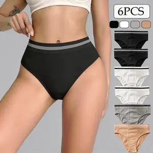 Women's 6-Pack Basic Knitting Cotton High-Waisted Briefs | Minimalist Lady's Comfort Casual Panties with Solid Color Striped Waistband, Soft Breathable Snug Stretch Daily Wear