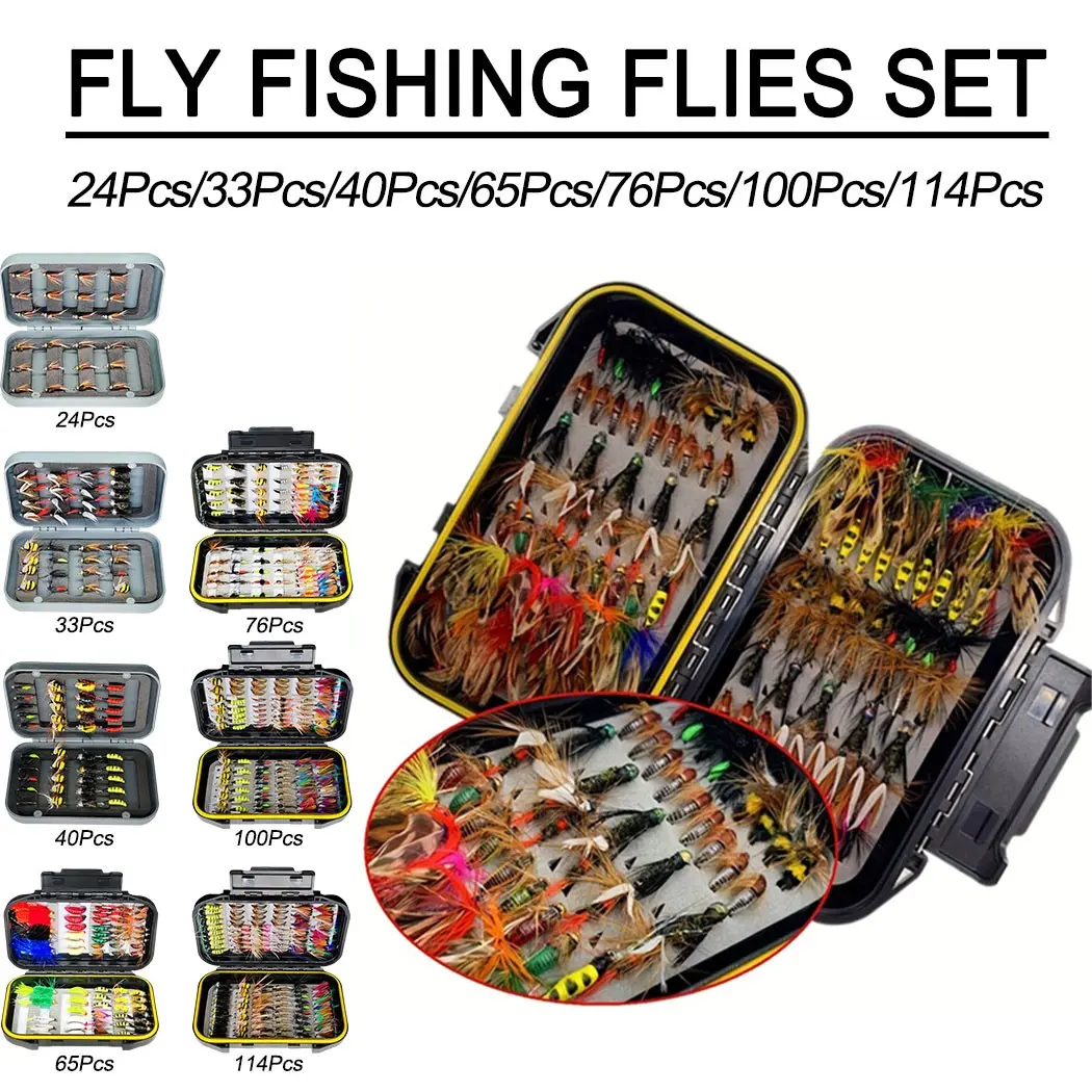 Fly Fishing Flies Kit, Fishing Lure Set, Handmade Fishing Lures, 24-114Pcs Handmade Fly Fishing Gear with Dry/Wet Flies, Streamers, Fly Assortment Trout Bass Fishing with Fly Box, Fishing Equipment