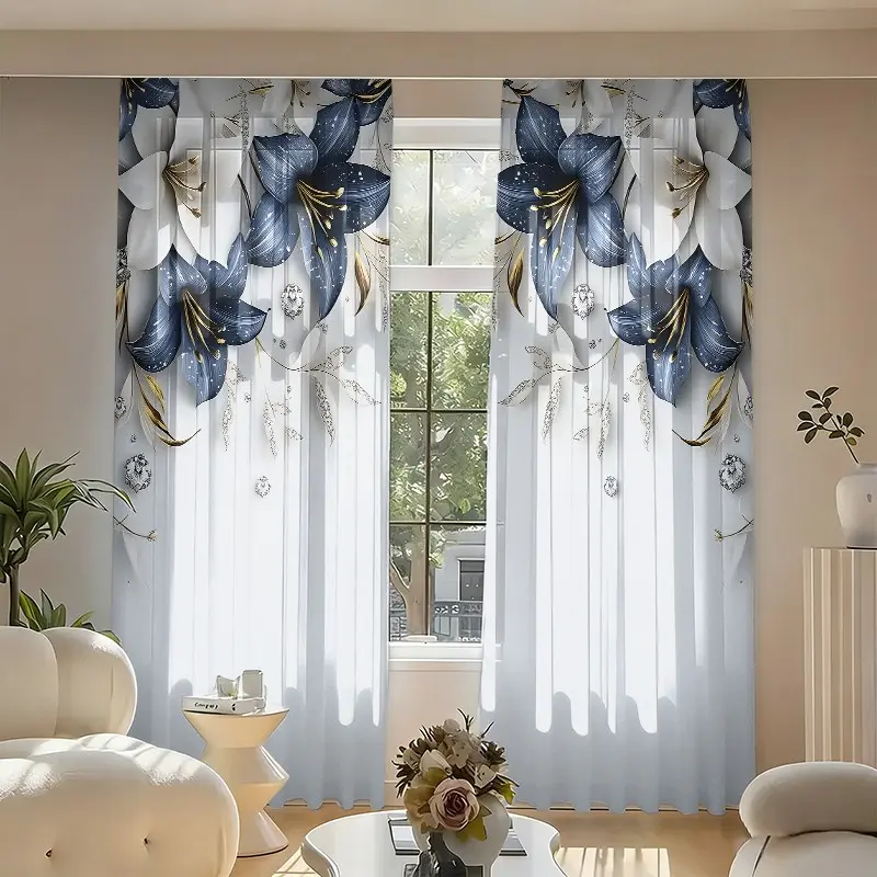 Elegant Floral Print Sheer Polyester Curtain Set, 2 Piece, Fashionable Living Room and Bedroom Curtains, Home Decorative Curtain, Home Decoration Curtain, High-Quality Fabric
