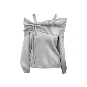 2000s women’s grey slash-neck knit pullover long-sleeve sweater, Harajuku vintage Y2K oversized cashmere sweater, 2000s clothing, 2025 knitwear tops