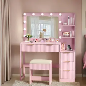 43-inch stylish vanity set with mirror and built-in makeup table, equipped with adjustable LED lights, includes 11 three-color bulbs, 5 drawers, suitable for girls' bedroom or dormitory, pink