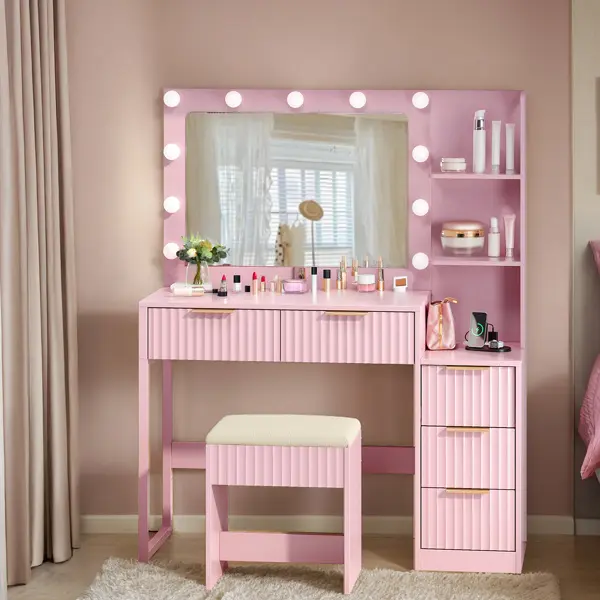 43-inch stylish vanity set with mirror and built-in makeup table, equipped with adjustable LED lights, includes 11 three-color bulbs, 5 drawers, suitable for girls' bedroom or dormitory, pink
