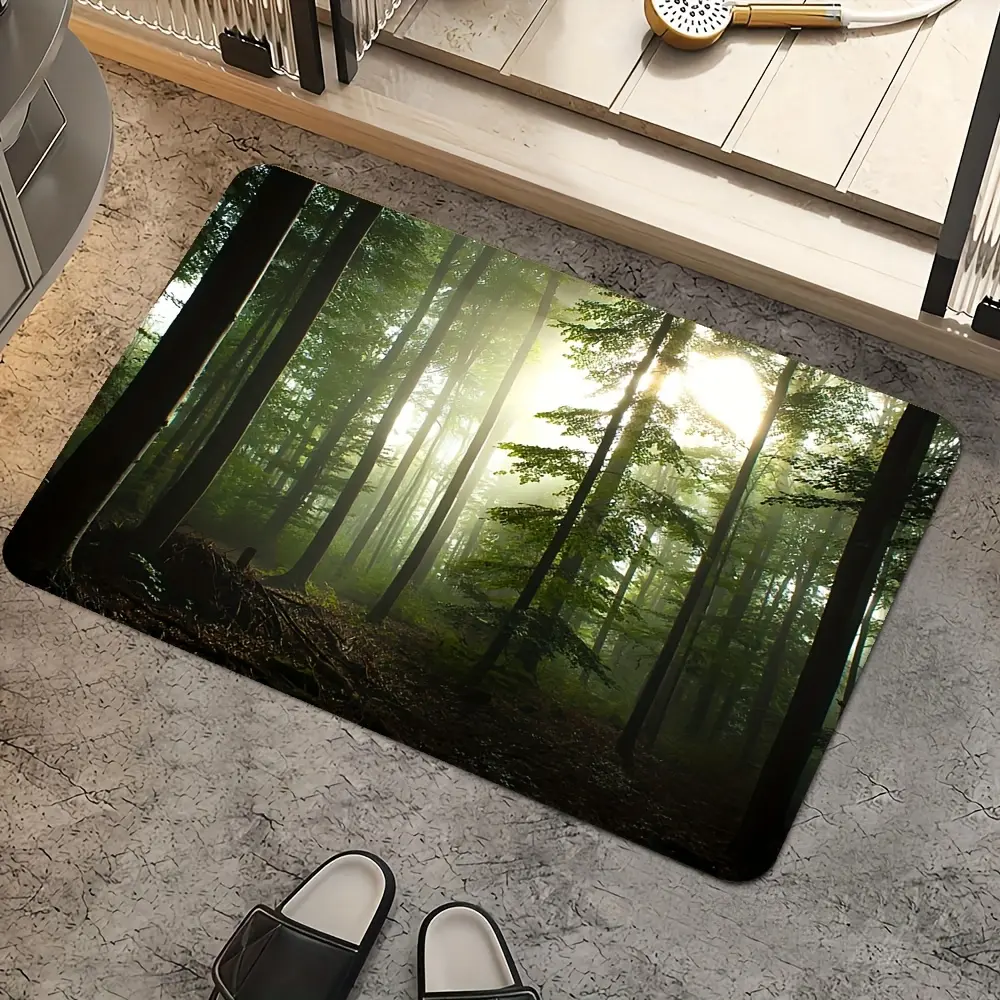 Forest Trees Scenic Pattern Bath Rug, Machine Washable, Non-Slip, Diatom Mud & Rubber Backing, Leathaire Oblong Non-Woven Bath Mat for Bathroom, Kitchen, Bedroom - Home Decor Carpet