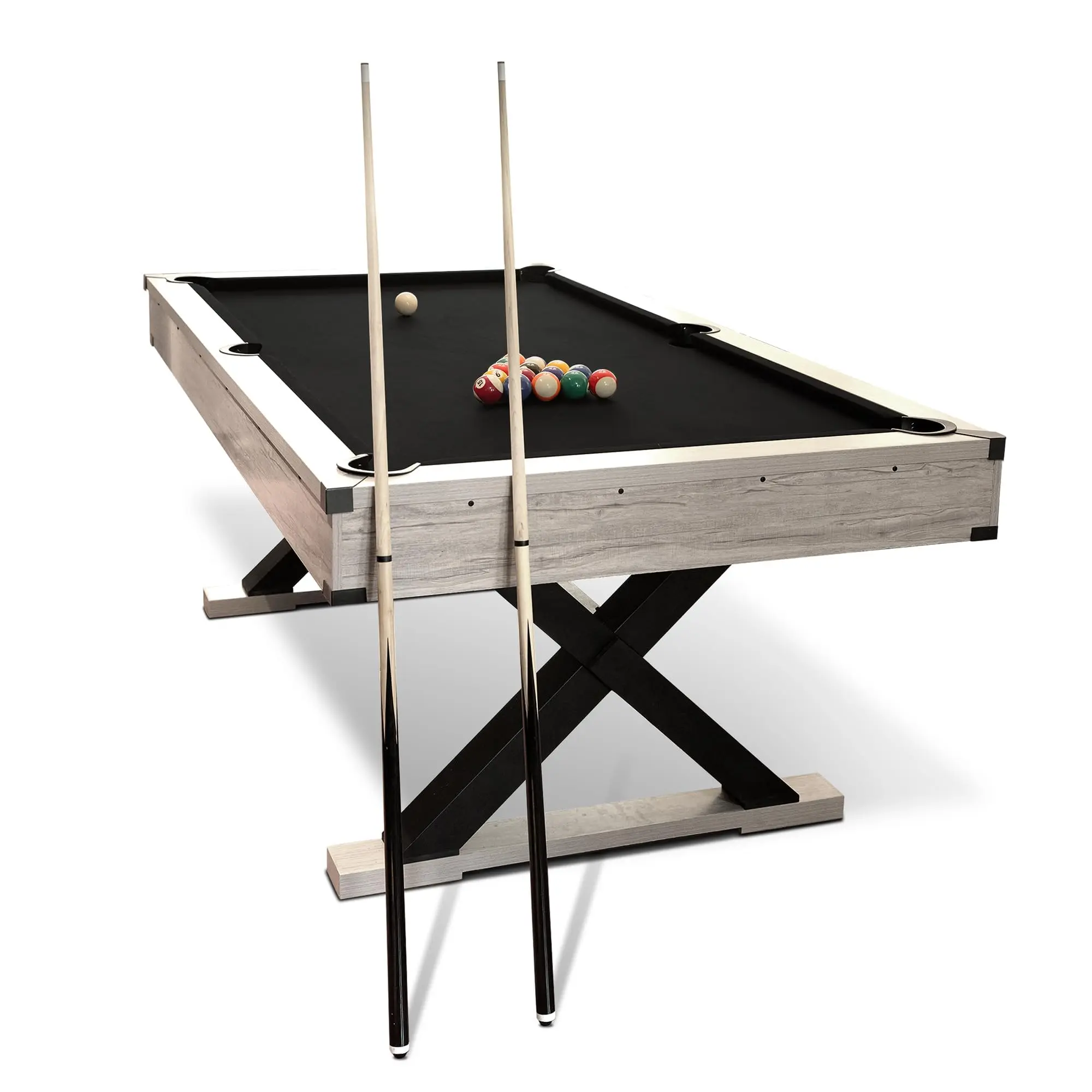 【GARVEE】7 FT Pool Table with Black Cloth and Rustic Grey Finish, Includes 2 Cue Sticks, Billiard Balls, Cleaning Brush, X-Legs, Dimensions 84"L x 46.5"W x 32.7"H