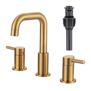 WOWOW 8 in. Widespread Double Handle High-Arc Bathroom Faucet with Pop-up Drain in Brushed Gold