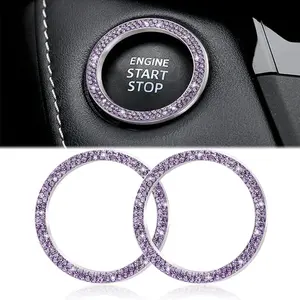 2pcs Bling Car Engine Start Button Cover Diamond Crystal Push Start Stop Button Ring Sparkly Bling Ignition Button Cover Rhinestone Keyless Ignition Ring Universal Car Accessories (Light Purple)