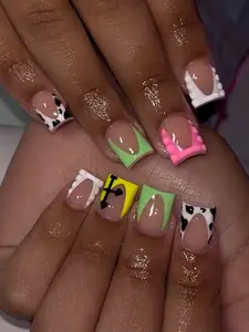 White, Yellow, And Cow Print Patterns, Accented With Raised Dot Textures And Letter Details. Comfortable To Wear, Easy To Apply, Durable Shine, Includes Adhesive Tabs And Nail File, Perfect For Parties, Cosplay, And Daily Wear. Nail Supplies Nails