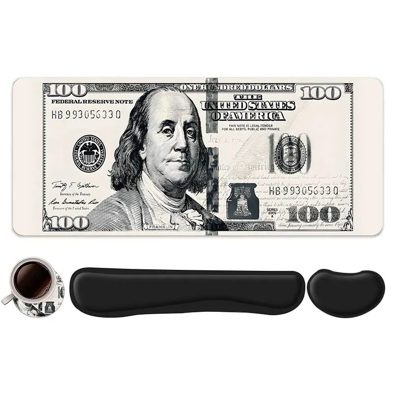 4pcs Fashion Dollar Bill Design Mouse Pad + Keyboard Wrist Rest + Ergonomic Mouse Pad + Coaster Set For Desktop Decoration, Office Accessories Set Ergonomic Wrist Support, Computer Mat Mouse Pad Coaster Suitable For Home Office Gaming