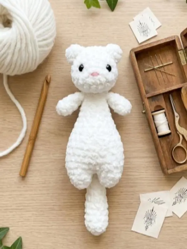Handmade Crochet White Ferret Plushie - Cute Amigurumi Weasel Plush Toy, Soft Knit Long Animal Stuffed Doll