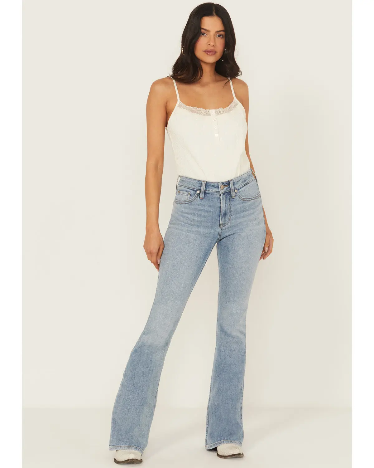 Outlaw Light Wash High Rise Double Back Yoke Bootcut Super Stretch Denim Jeans