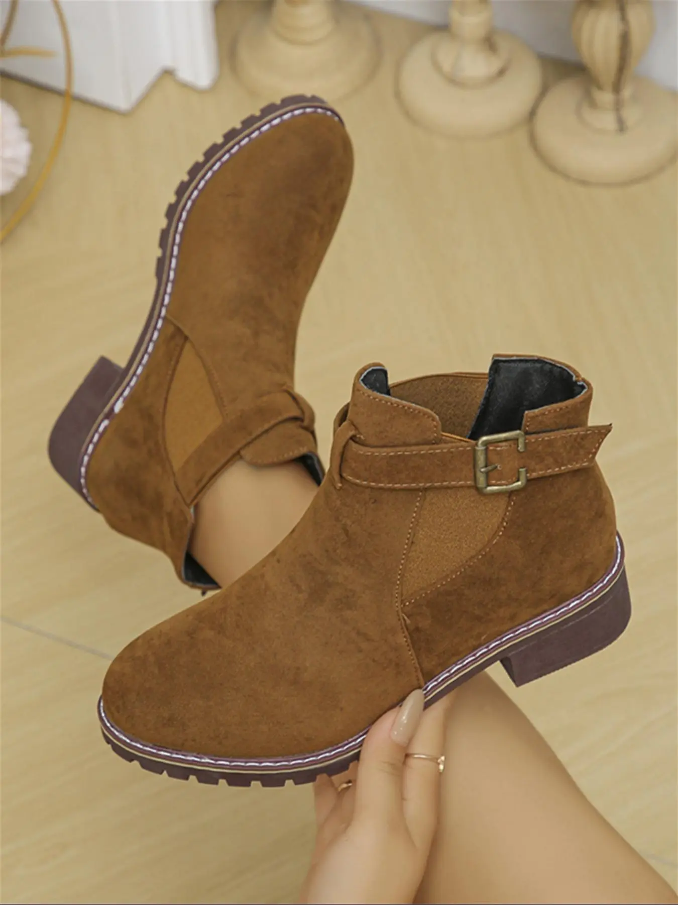 Women's Brown Buckle Decor Western Ankle Boots, Western Style Boots, Cowgirl Western Boots, Cowboy Cowgirl Boots, Classic Casual Comfortable Breathable Thick-heeled Boots for Daily Wear, Winter Warm Shoes