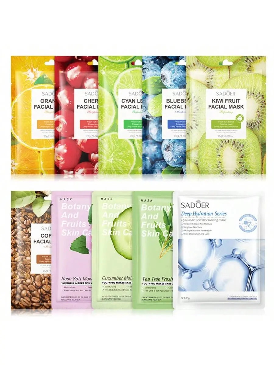 SADOER 10pcs Sheet Mask Set - Orange Cherry Kiwi Coffee Cucumber Tea Tree Hyaluronic Acid Moisturizing Soothing Facial Masks for Daily Use Hydrating Moisturizer