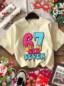 Girls' Fashion Candy Number 67 T-Shirt, Cool Melt Design, Gradient Print, Casual Comfort, Outdoor Wear, Street Sweet Style