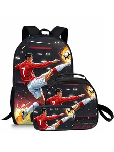 Football pattern printed 17-inch Backpack For School three-piece set (single-layer backpack + round lunch bag with shoulder strap + single-layer pencil case) School Backpacks