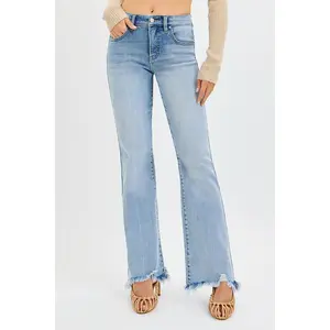 RISEN Full Size Tummy Control Mid Rise Flare Jeans with Fray Hem Detailed Plus Size