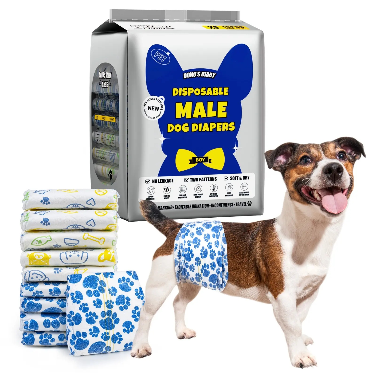 Dono Disposable Male Dog Wraps Diapers - Rapid-Dry Gel Tech, Superabsorbent, Breathable, Easy-to-Use, Non-Slip, Leak-Proof, Multi-Size, Various Package Quantities, Cartoon Paw Print Designs for Pet Lovers